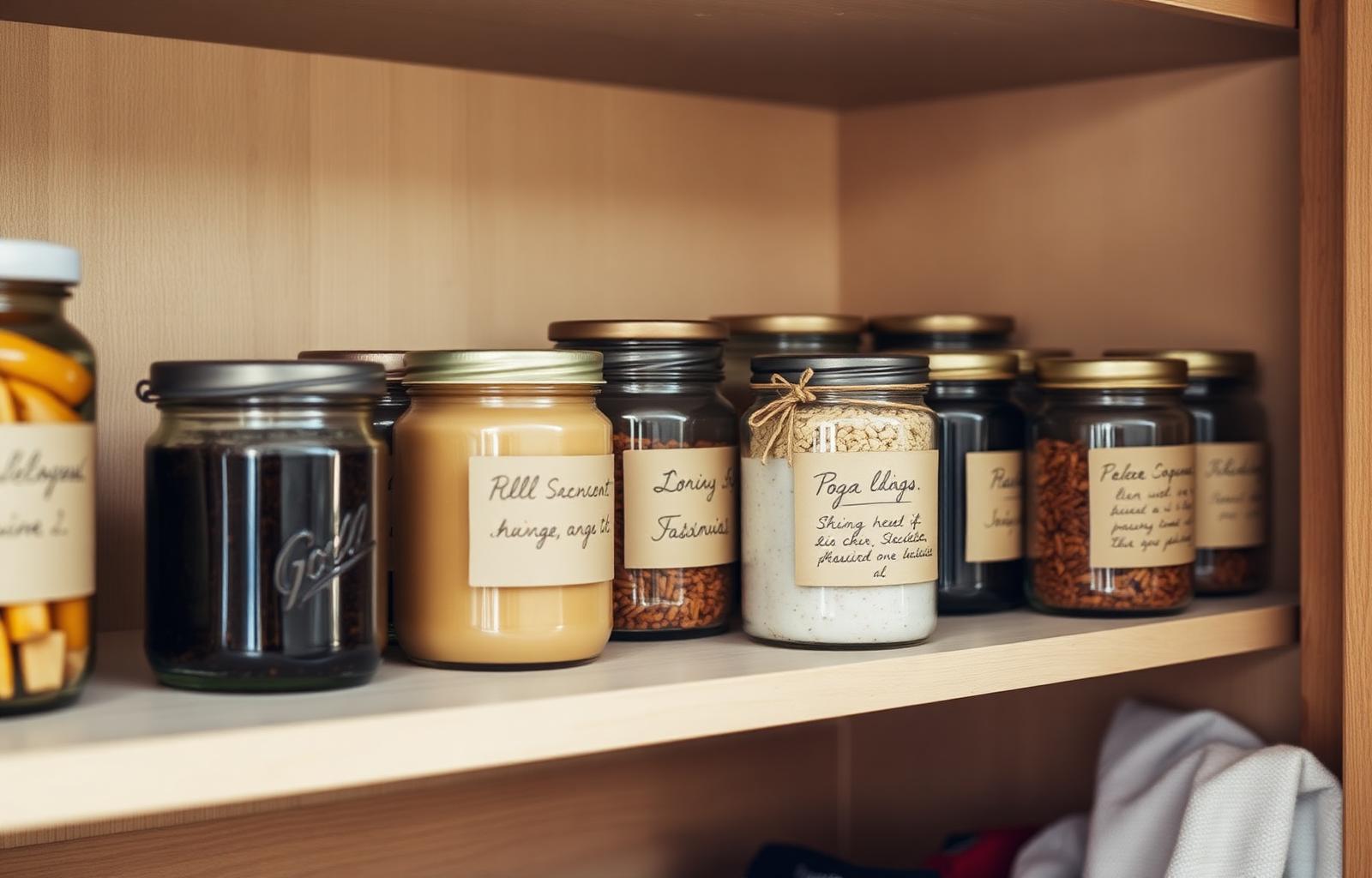 Rij voorraadpotten met handgeschreven labels op een houten plank