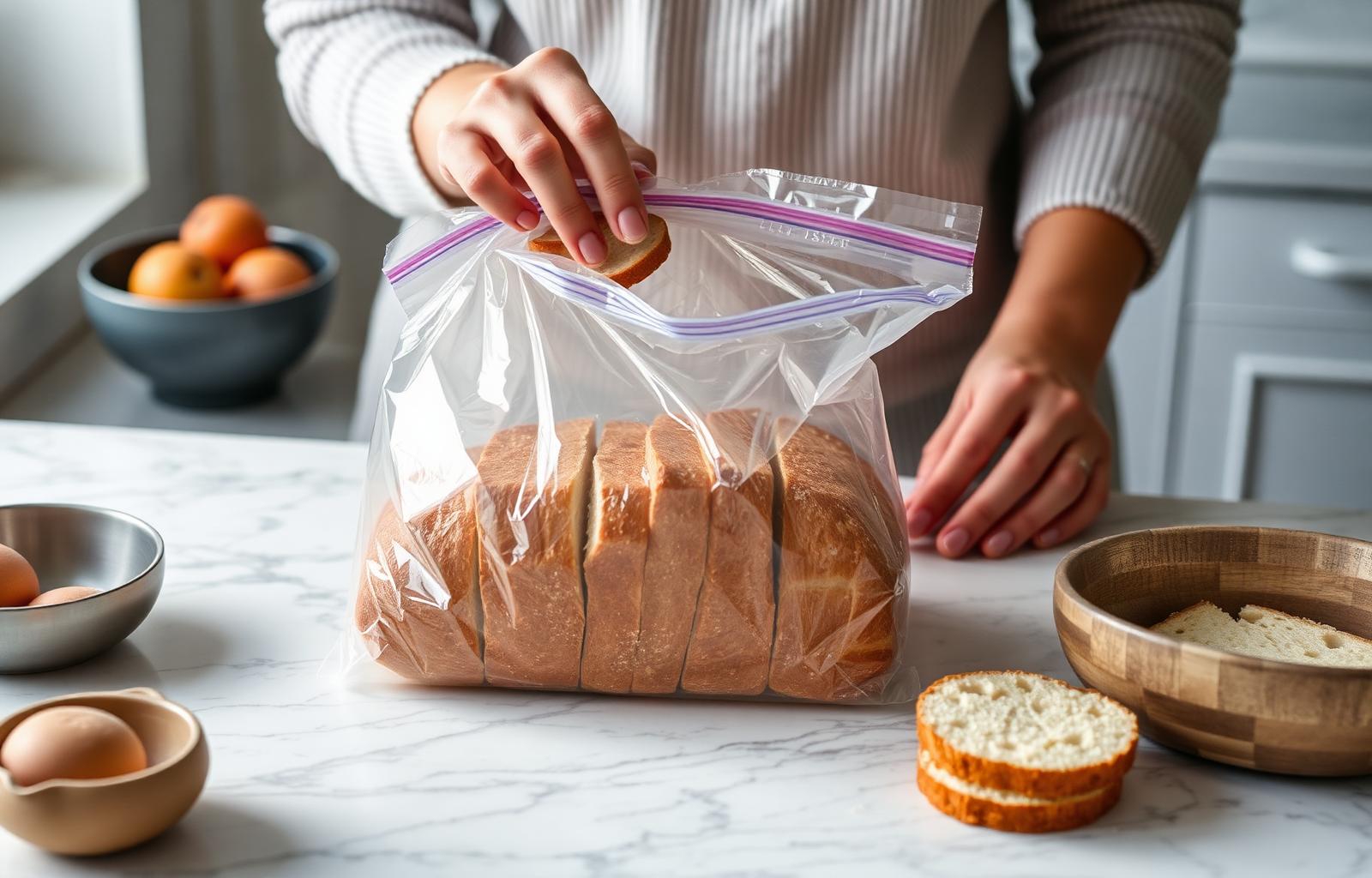 Brood in plakjes wordt in een diepvrieszak gedaan