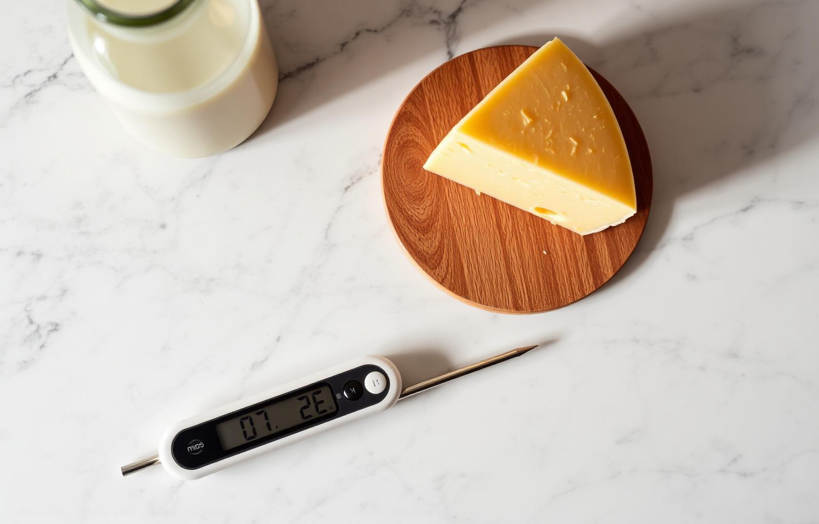 Digitale thermometer naast een fles melk en een stuk kaas