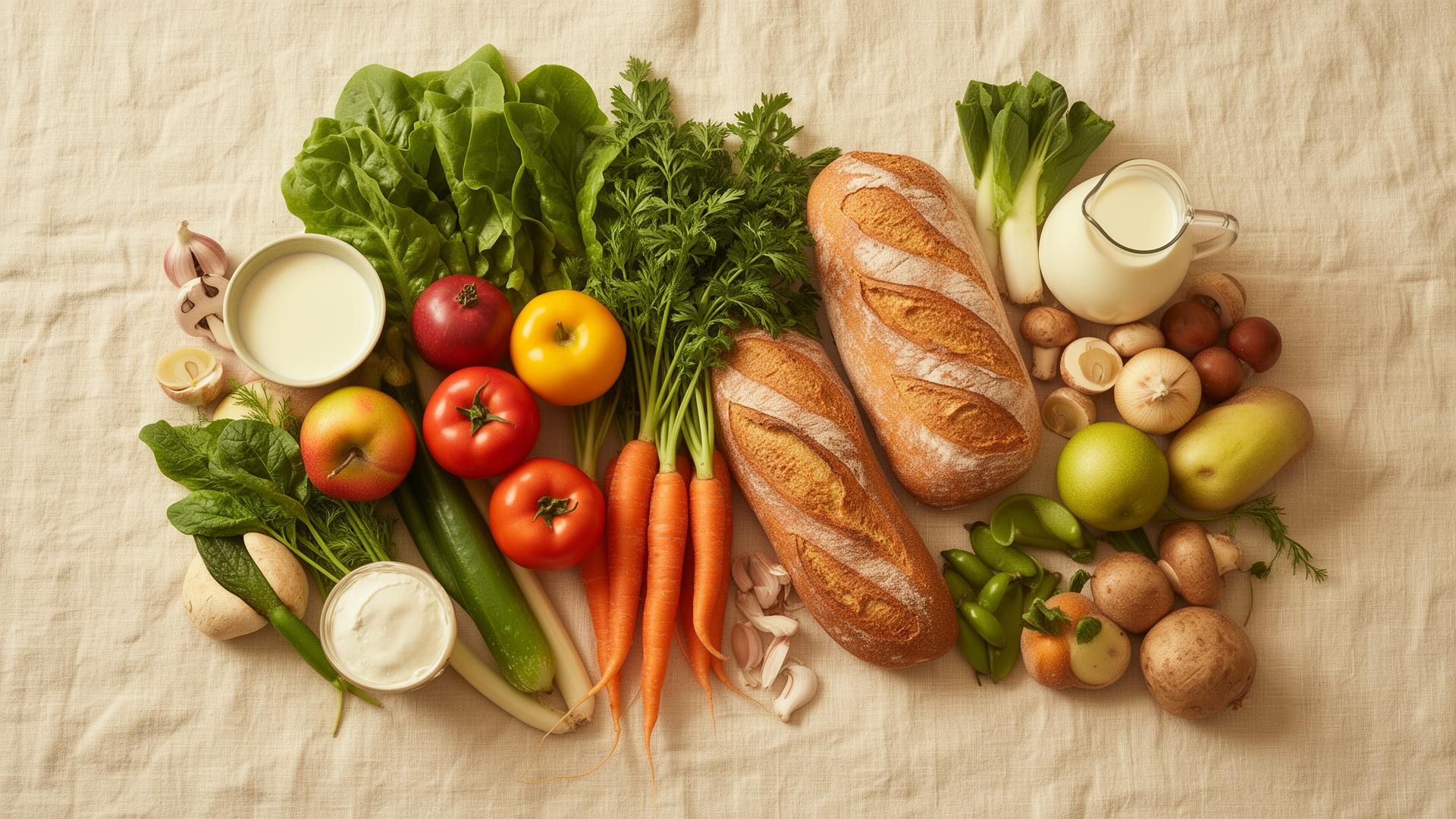 Verse groenten, fruit, brood en zuivel op een linnen kleed